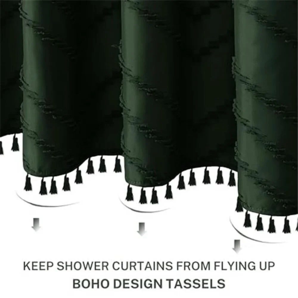 Dark Green Boho Shower Curtain with Tassel Woven Fabric Shower Curtain 72 x 72